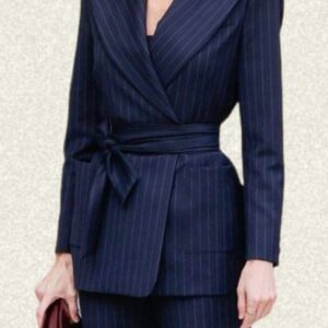 Elegant Navy Pinstripe Wrap Blazer Suit