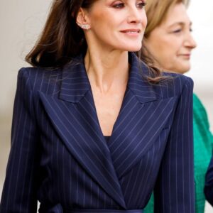 Royal-Inspired Navy Pinstripe Wrap Blazer