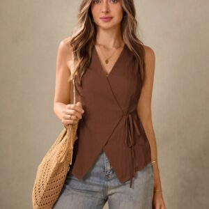 Brown Sleeveless Wrap Blouse