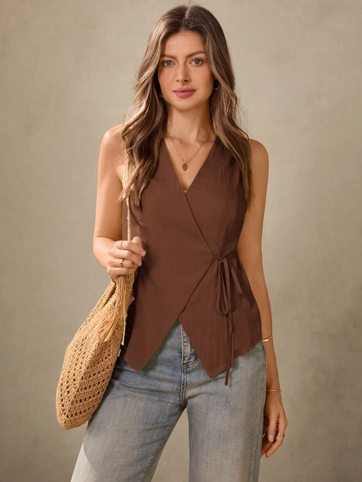 Brown Sleeveless Wrap Blouse