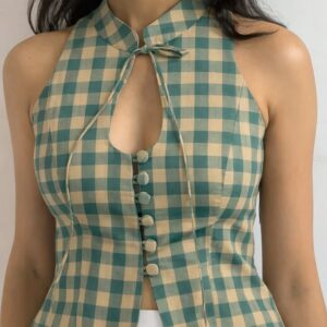 Green Gingham Halter Crop Top